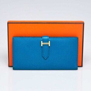 Hermes Blue Izmir Epsom Leather Gold Plated Bearn Wallet